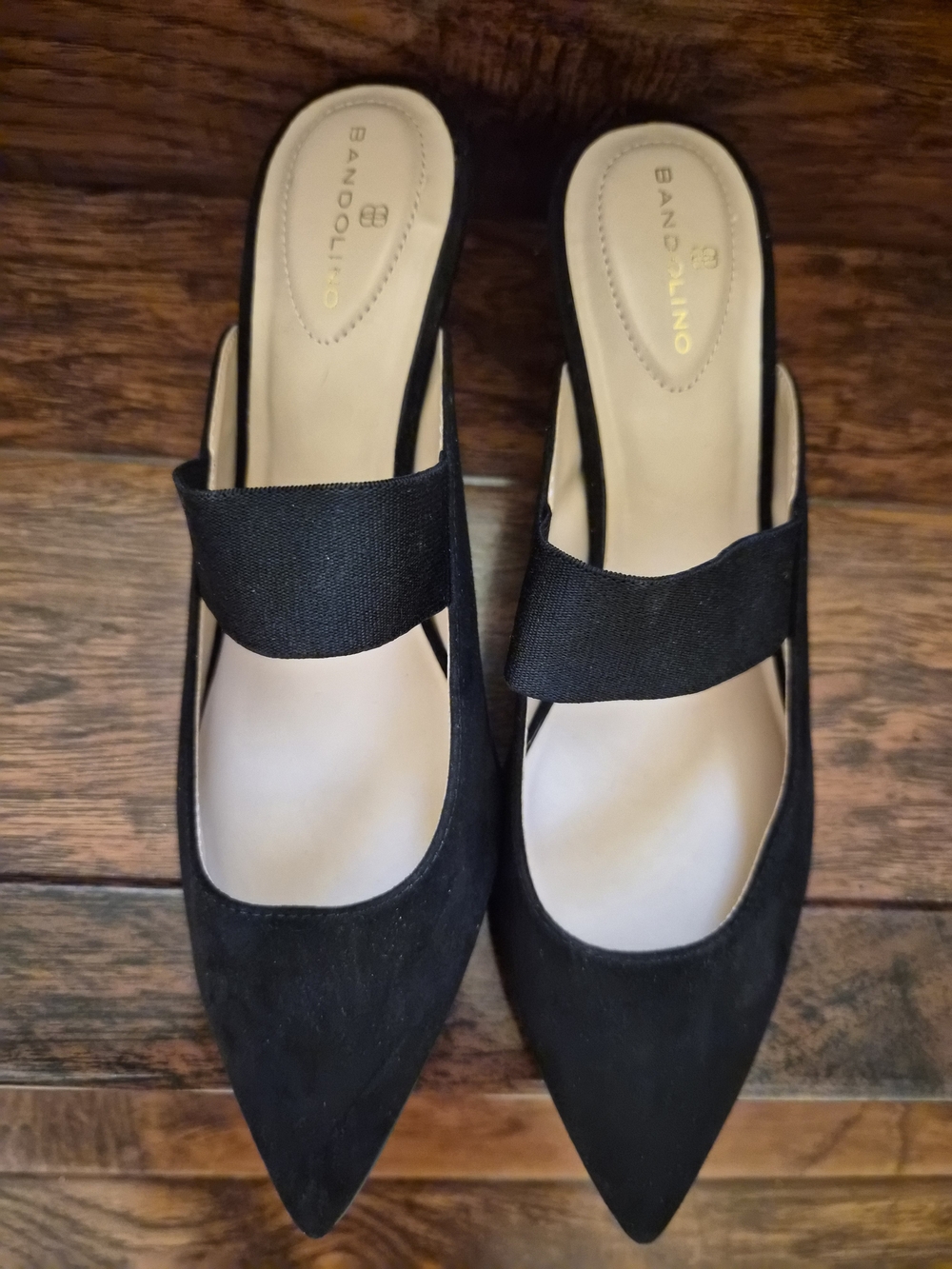 Bandolino Black Pointed-Toe Slingback Mules with Elastic Strap